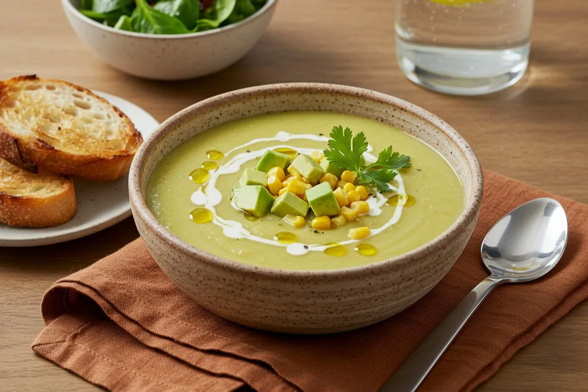 Creamy corn zucchini soup with avocado and herbs