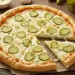 Freshly baked pickle pizza with golden crust, melted cheese, and sliced dill pickles
