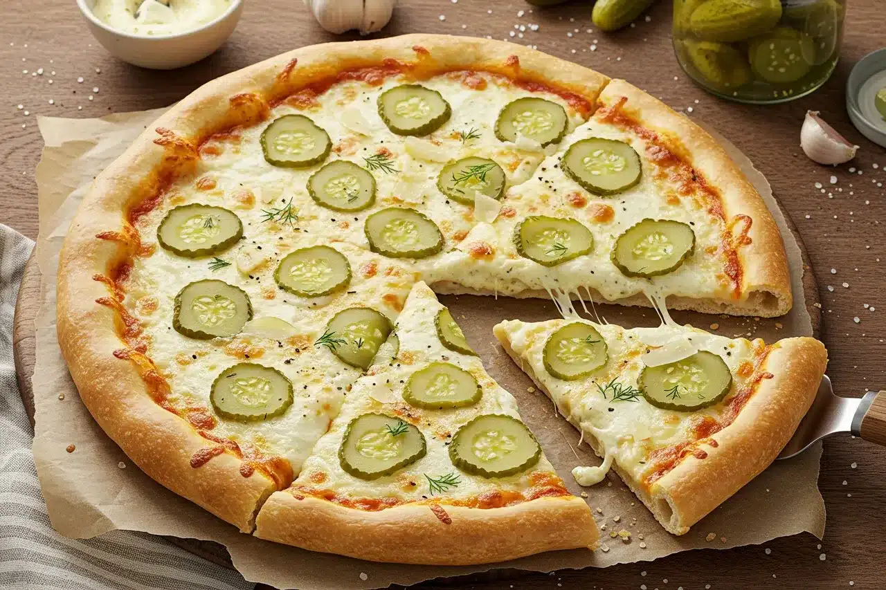 Freshly baked pickle pizza with golden crust, melted cheese, and sliced dill pickles