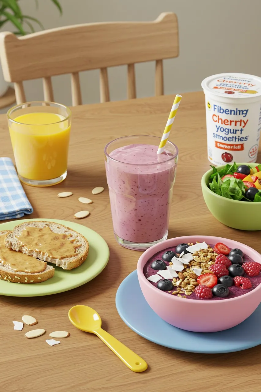 Cherry Vanilla Yogurt Smoothie served with toast, smoothie bowl, juice, and salad on a kid-friendly breakfast table.