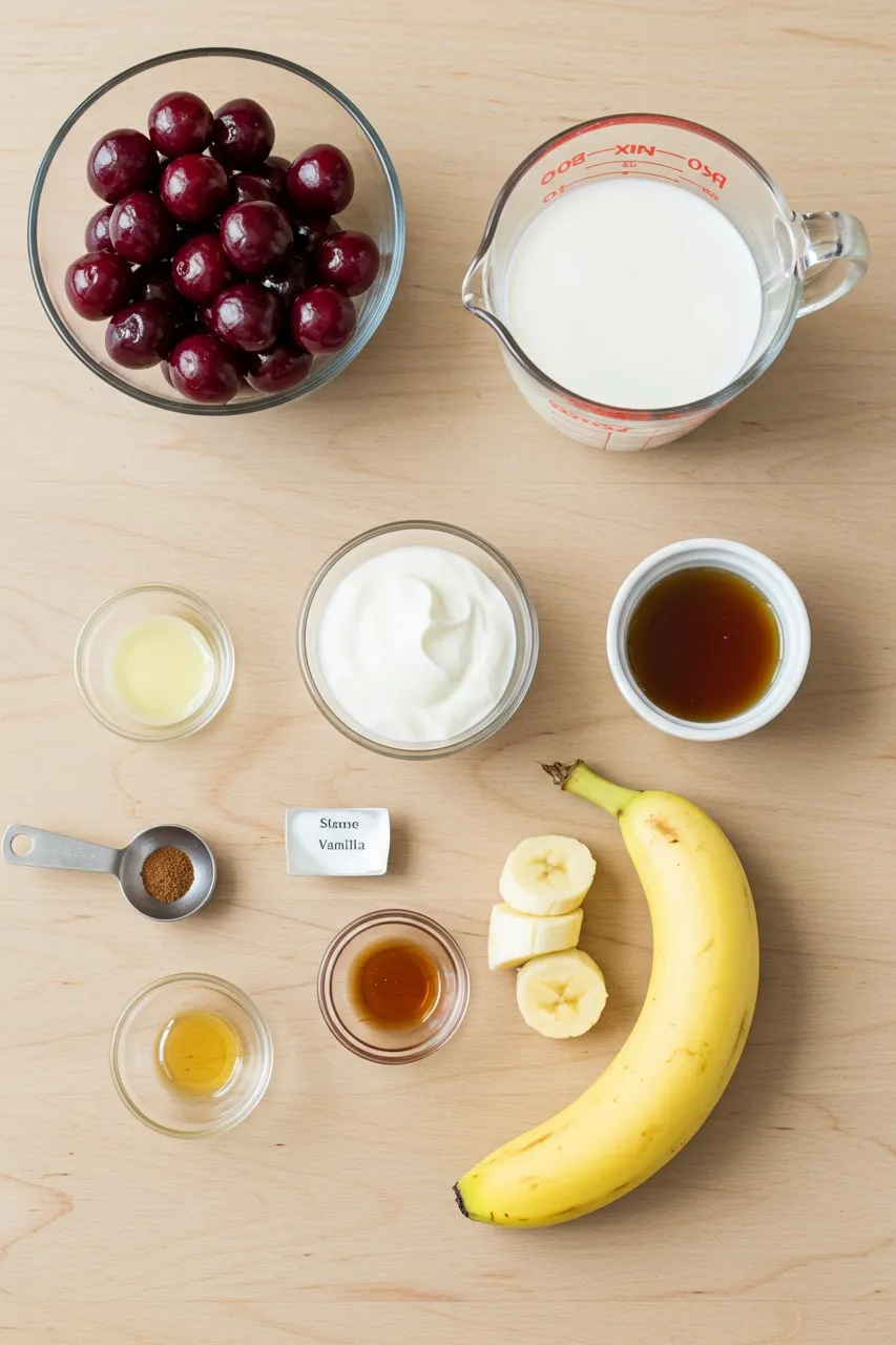 Ingredients for Cherry Vanilla Yogurt Smoothie arranged on a wooden surface.