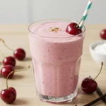 Glass of cherry vanilla yogurt smoothie with fresh cherries and yogurt on a wooden table.