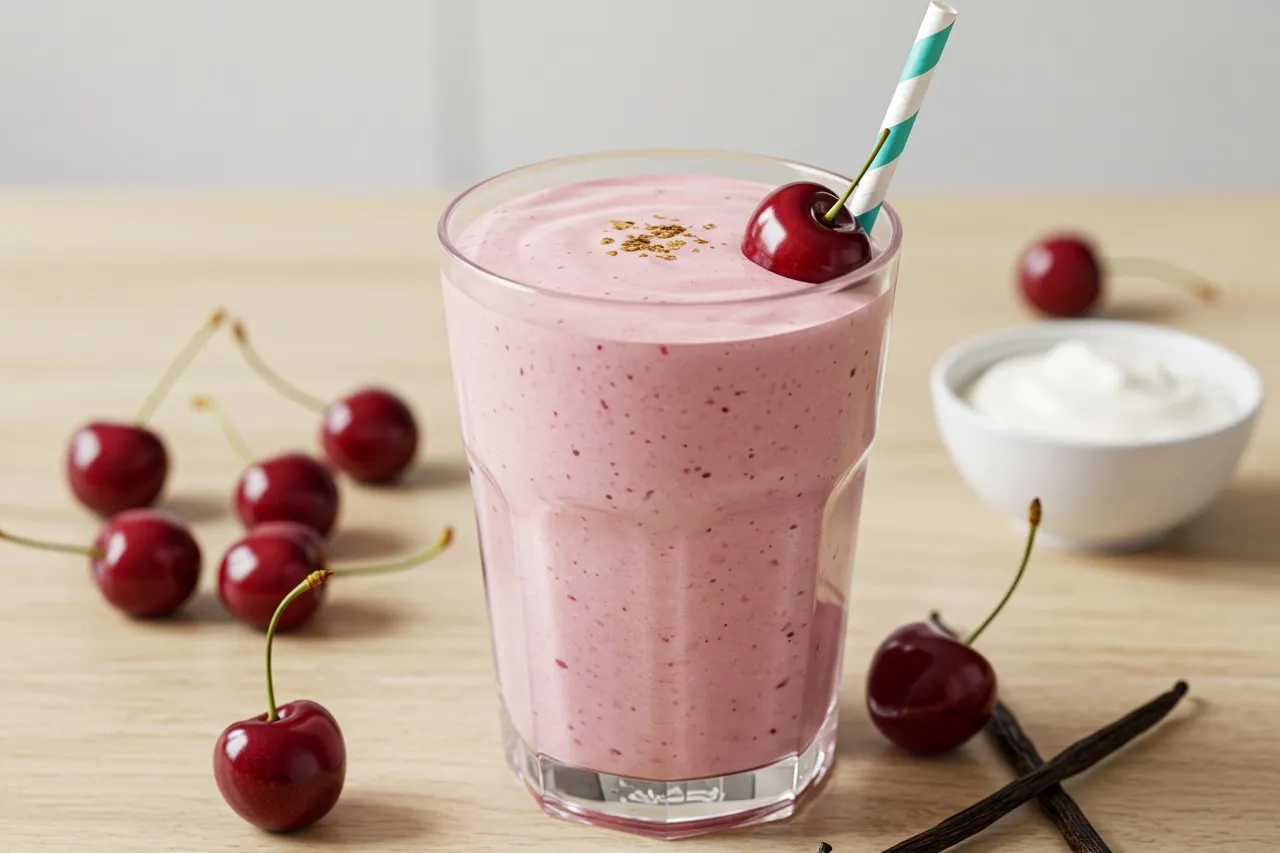 Glass of cherry vanilla yogurt smoothie with fresh cherries and yogurt on a wooden table.