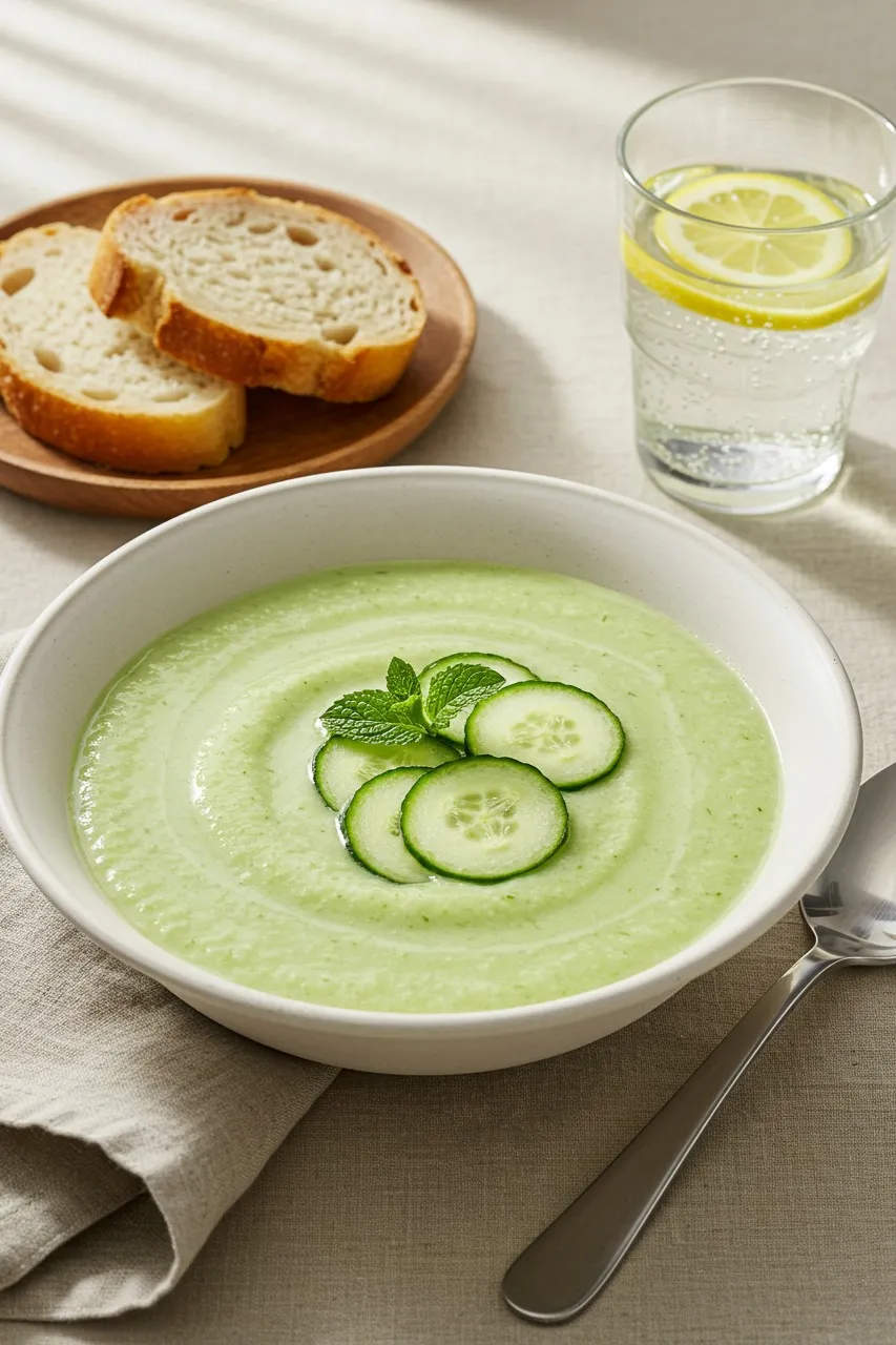 Cucumber mint soup served with crusty bread and lemon water