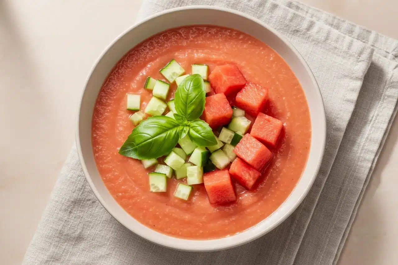A refreshing summer soup made with watermelon and basil
