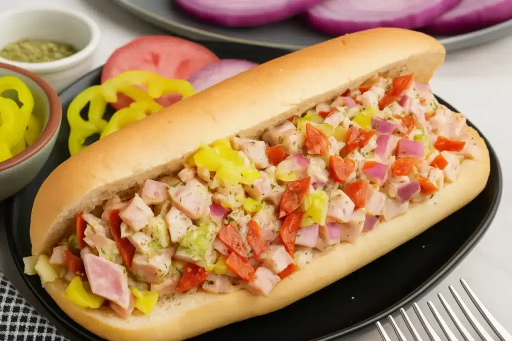 Hand holding chopped Italian sandwich on rustic wood table