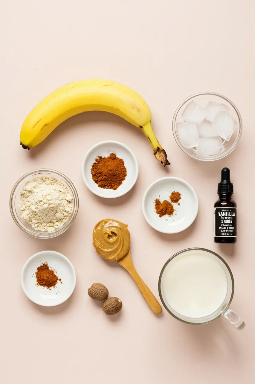 Ingredients for Cinnamon-Bun Protein Shake on soft blush background