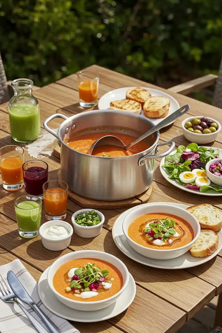 Outdoor table with classic gazpacho recipe served in bowls and a pot