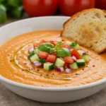 Chilled classic gazpacho topped with fresh vegetables and bread