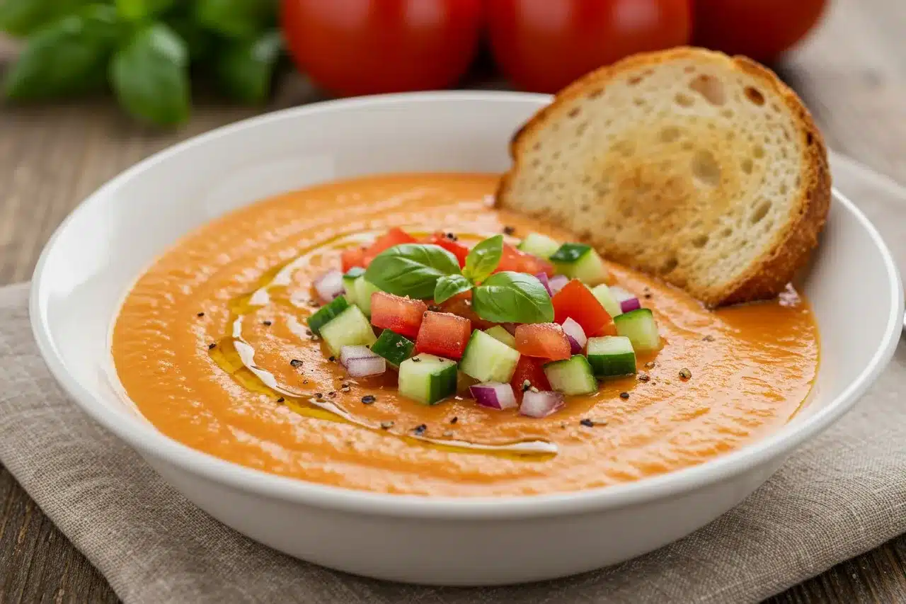 Chilled classic gazpacho topped with fresh vegetables and bread