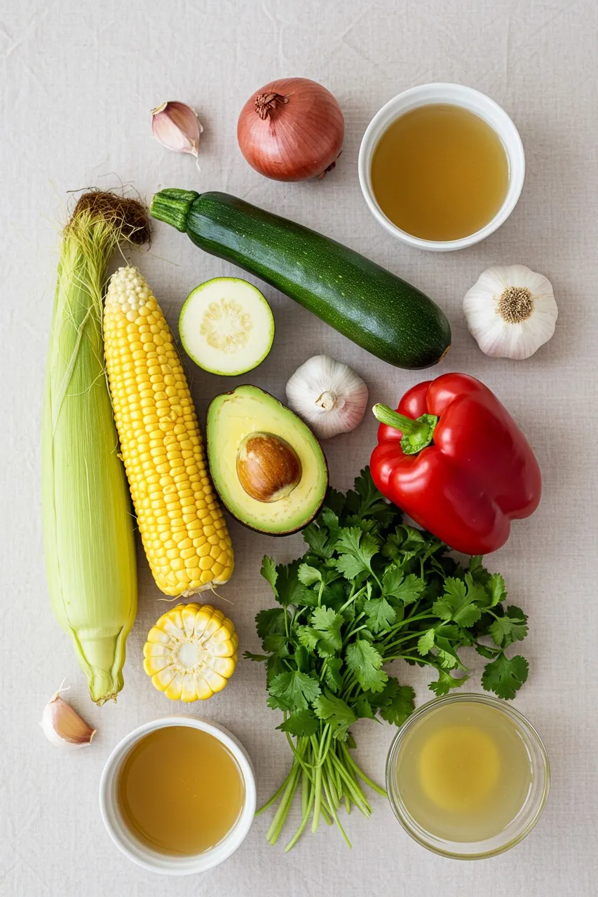 Ingredients for Corn Zucchini Soup on brand-colored background