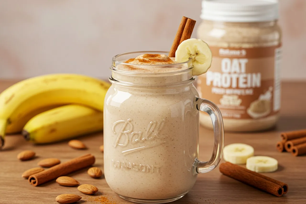 Cinnamon-Bun Protein Shake in mason jar with banana and cinnamon