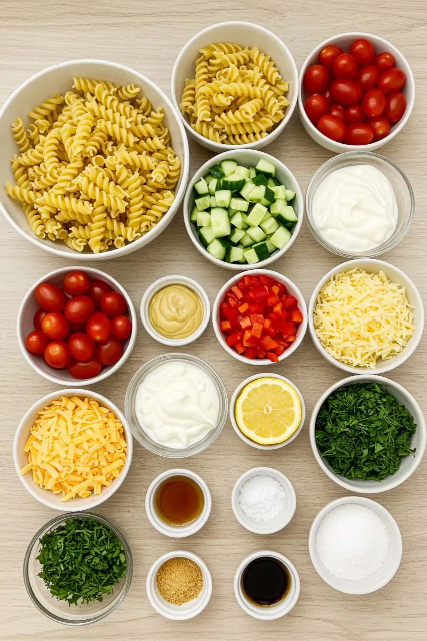 Ingredients for creamy pasta salad including rotini pasta, chopped vegetables, shredded cheese, and dressing components.