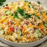 Creamy pasta salad with rotini, fresh vegetables, and shredded cheddar in a white bowl.