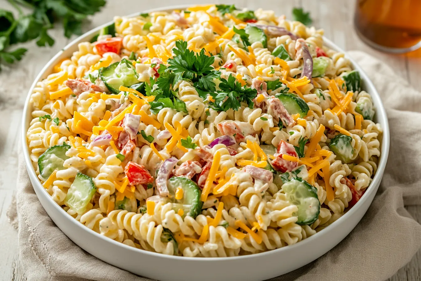 Creamy pasta salad with rotini, fresh vegetables, and shredded cheddar in a white bowl.