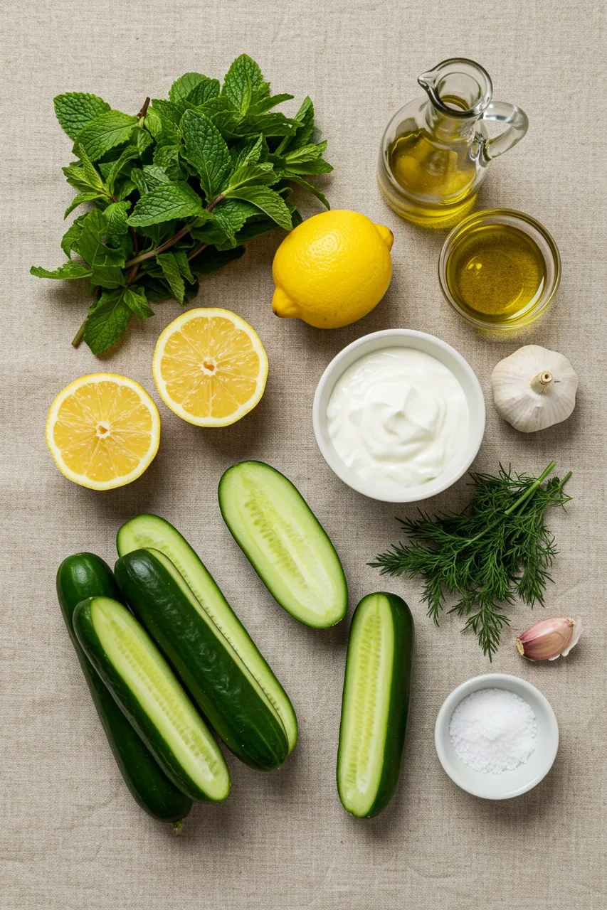 Flatlay of fresh ingredients for cucumber mint soup