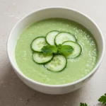 Chilled cucumber mint soup garnished with sliced cucumber and fresh mint