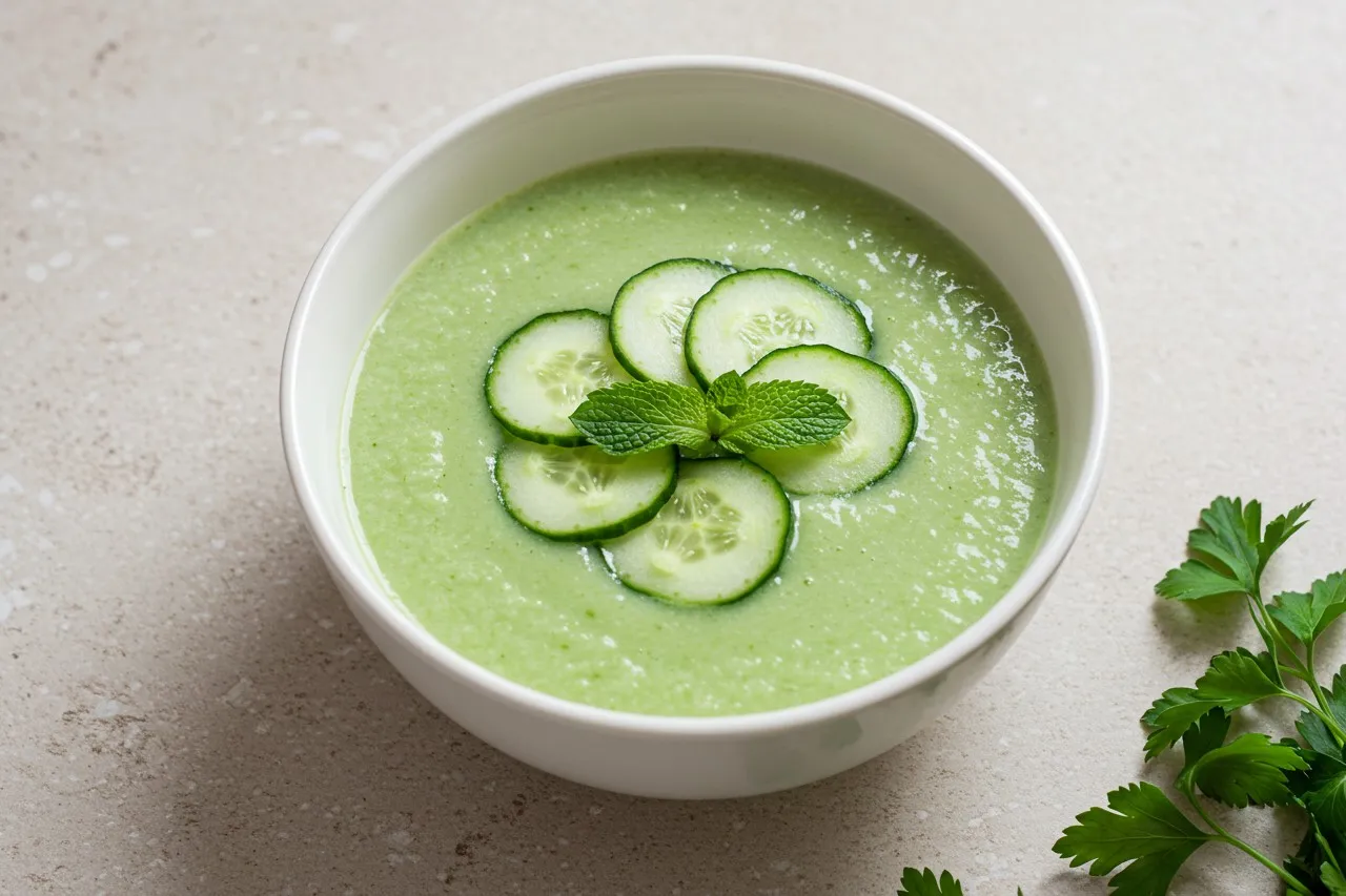 Chilled cucumber mint soup garnished with sliced cucumber and fresh mint