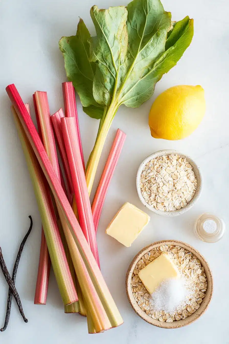 Ingredients for an easy rhubarb recipe breakfast including rhubarb, oats, lemon, butter, and vanilla.