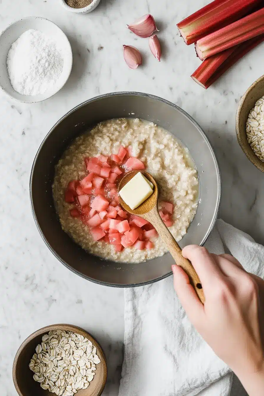 Cooking oats with chopped rhubarb and butter in a pan for an easy rhubarb recipe breakfast.