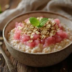 Bowl of creamy oatmeal topped with rhubarb compote and oats for an easy rhubarb recipe breakfast.