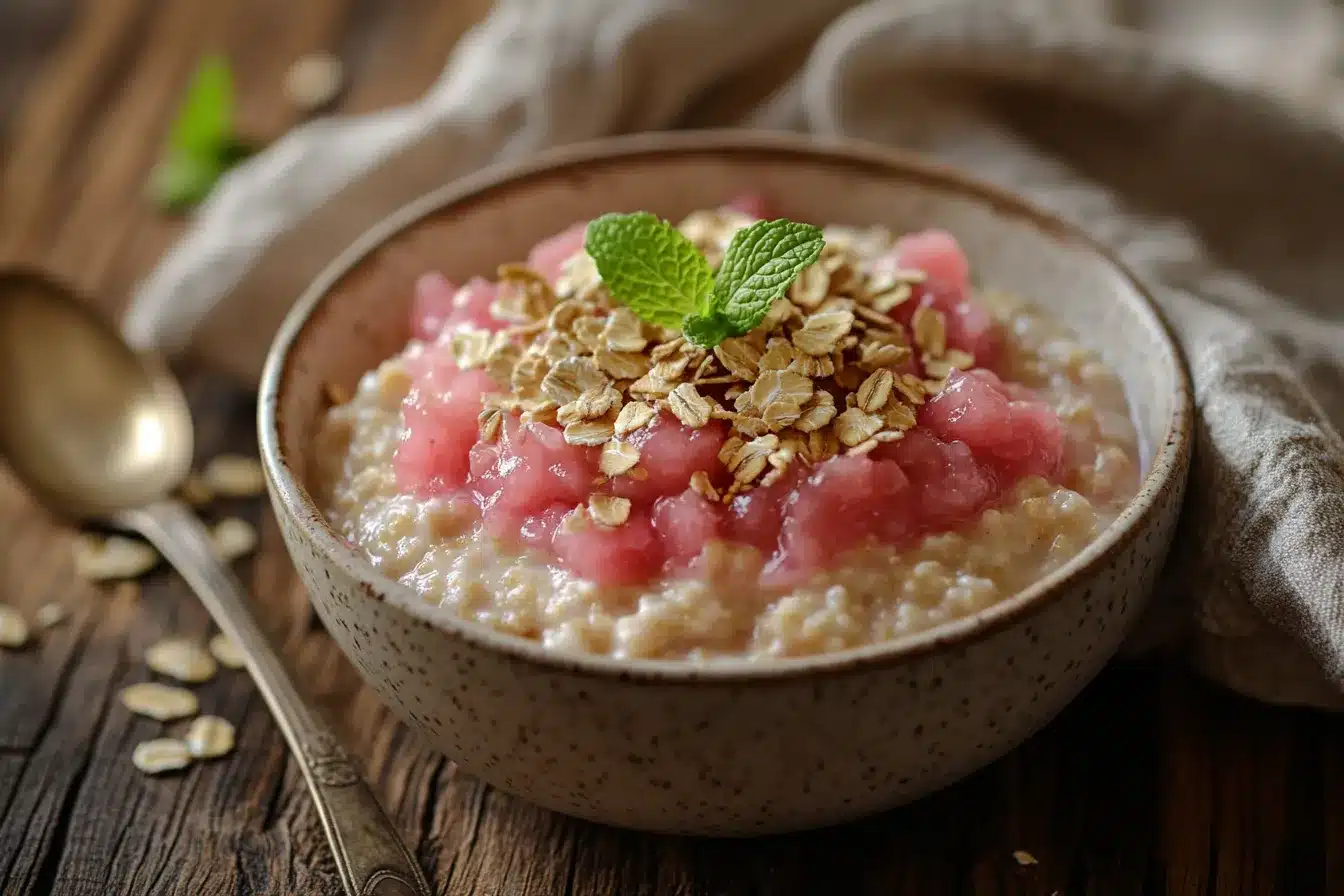 Bowl of creamy oatmeal topped with rhubarb compote and oats for an easy rhubarb recipe breakfast.