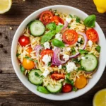 Overhead view of easy summer orzo salad with cherry tomatoes, cucumbers, feta, and herbs in a white bowl.