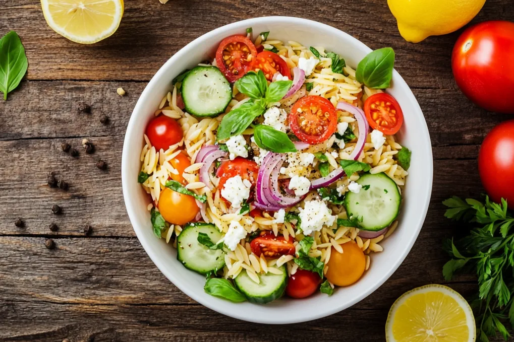 Overhead view of easy summer orzo salad with cherry tomatoes, cucumbers, feta, and herbs in a white bowl.