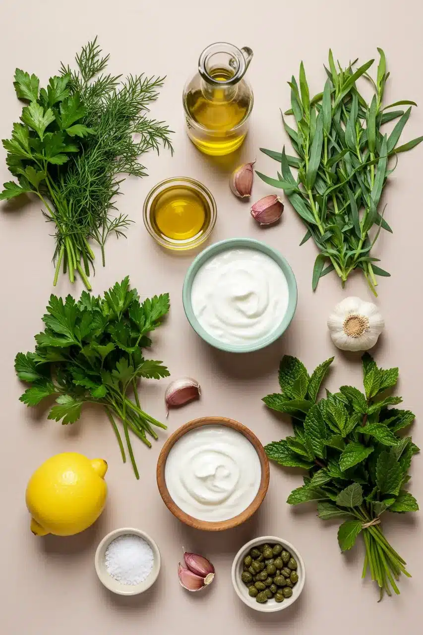 Ingredients for green goddess dressing arranged neatly