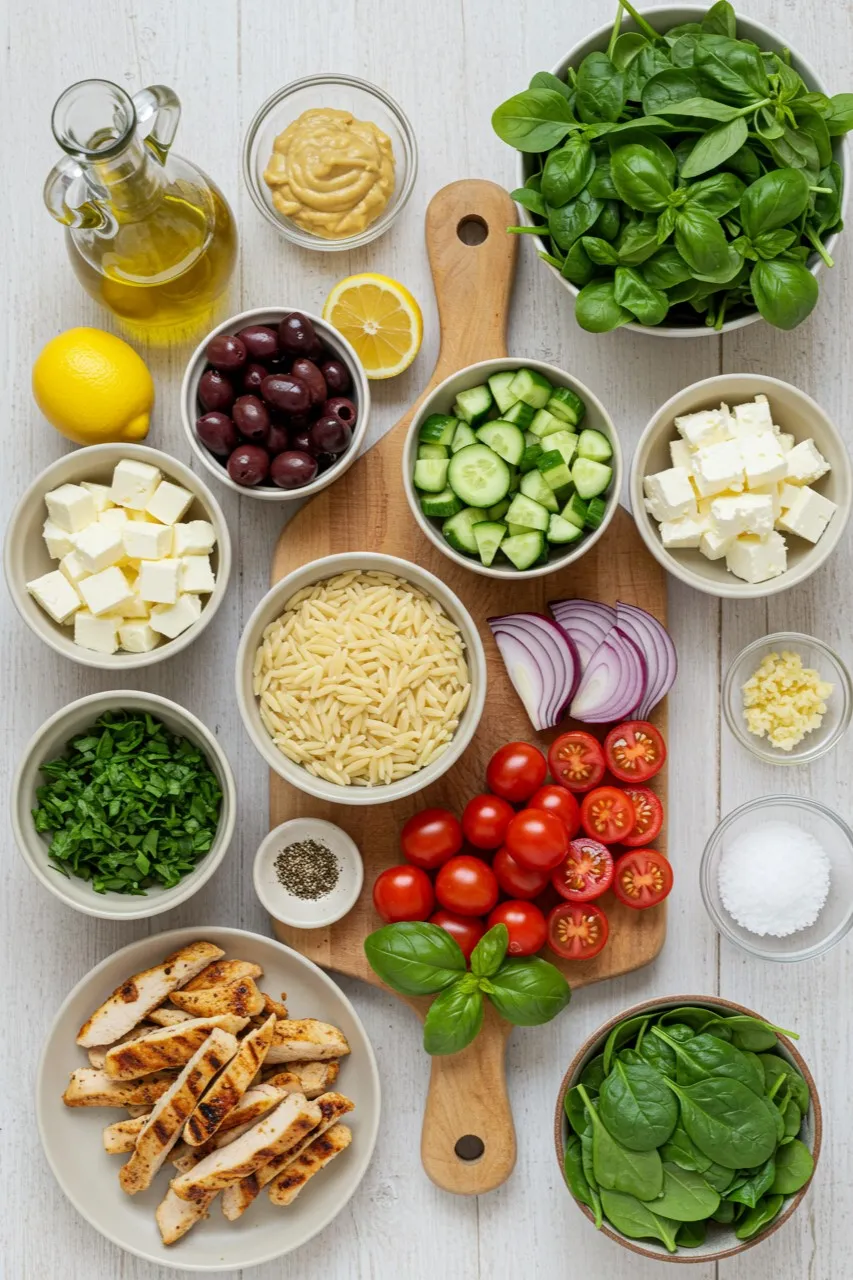 Ingredients for easy summer orzo salad recipes arranged on a white kitchen surface.