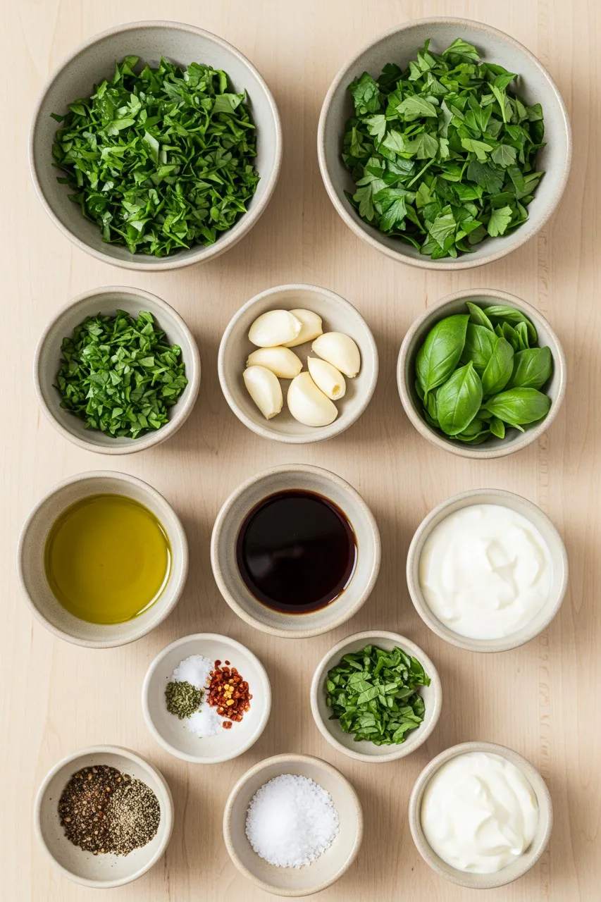 Chimichurri sauce ingredients in small bowls, including parsley, garlic, oil, vinegar, and herbs