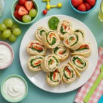 Turkey & veggie pinwheels served on a plate with yogurt dip, fruit, and lemonade—colorful summer lunch for kids.