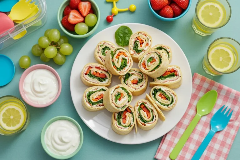 Turkey & veggie pinwheels served on a plate with yogurt dip, fruit, and lemonade—colorful summer lunch for kids.