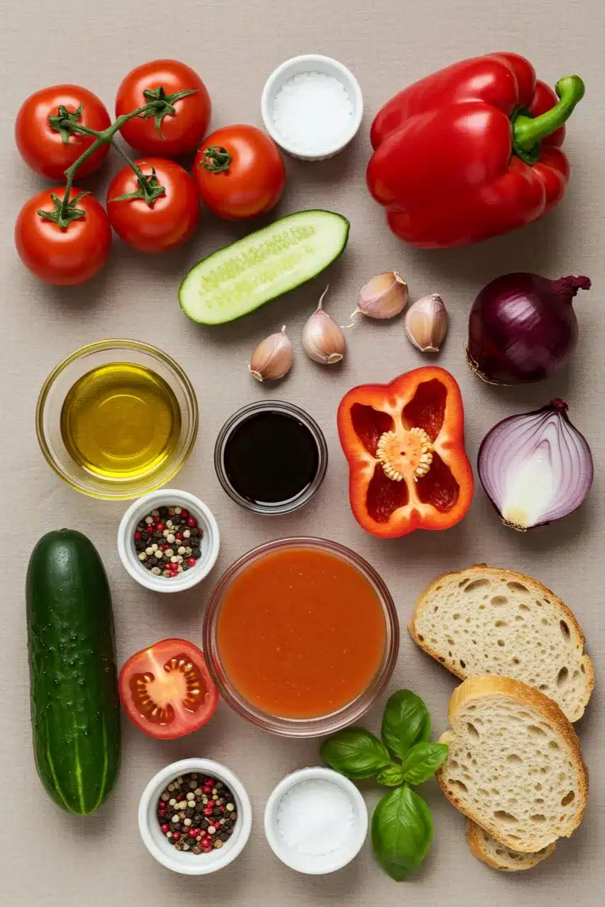 Fresh vegetables and ingredients for making gazpacho