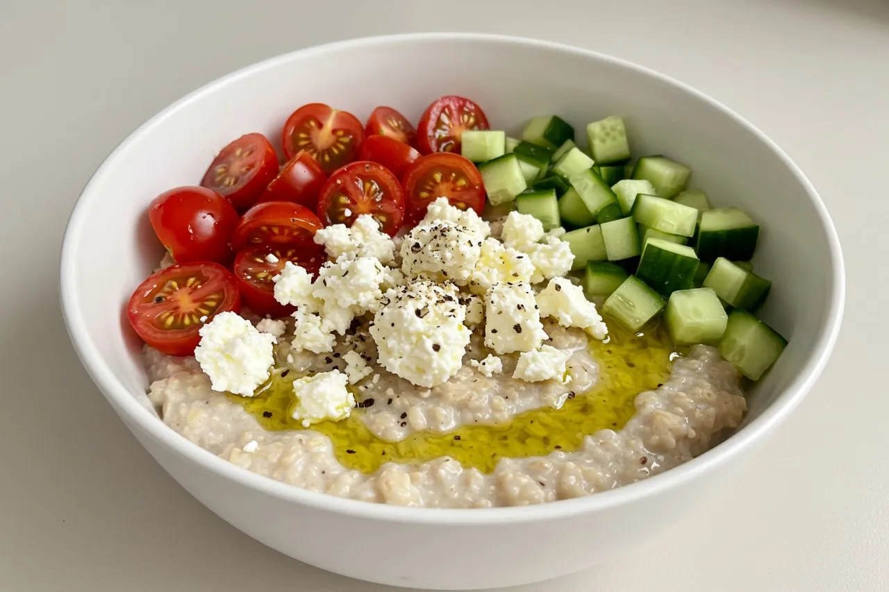Greek salad overnight oats in a white bowl with fresh veggies and feta