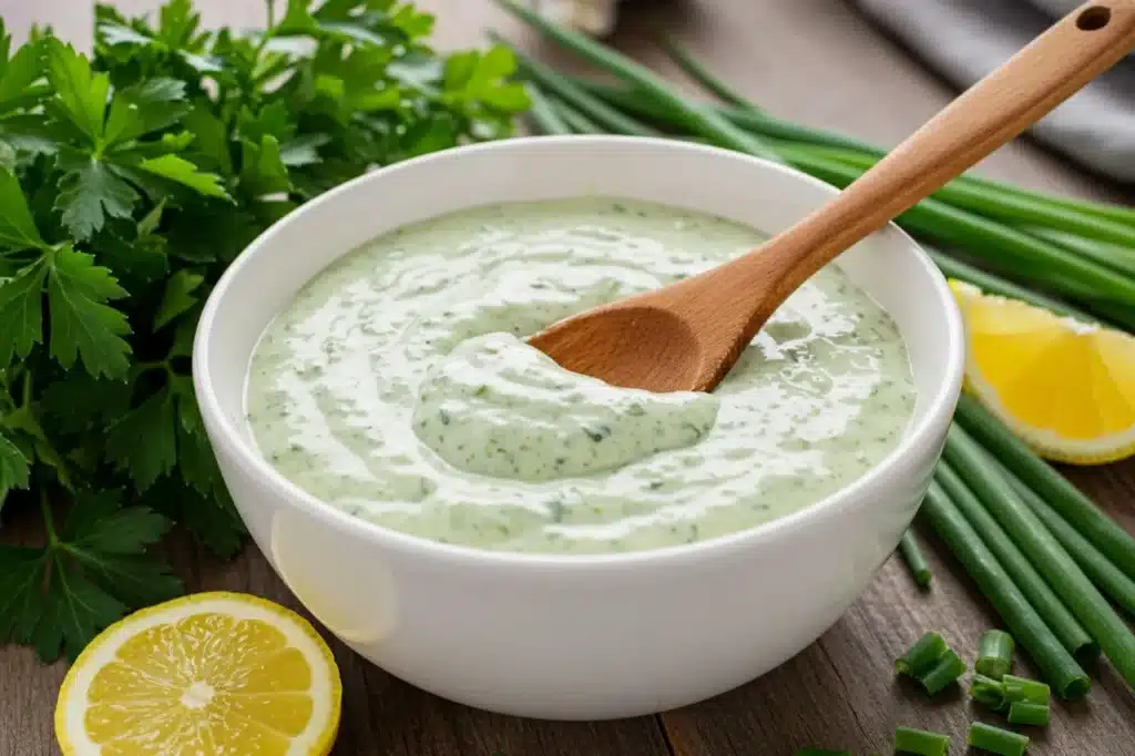Creamy green goddess dressing in bowl with fresh herbs