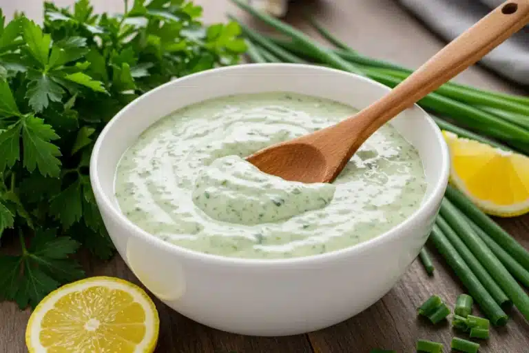 Creamy green goddess dressing in bowl with fresh herbs