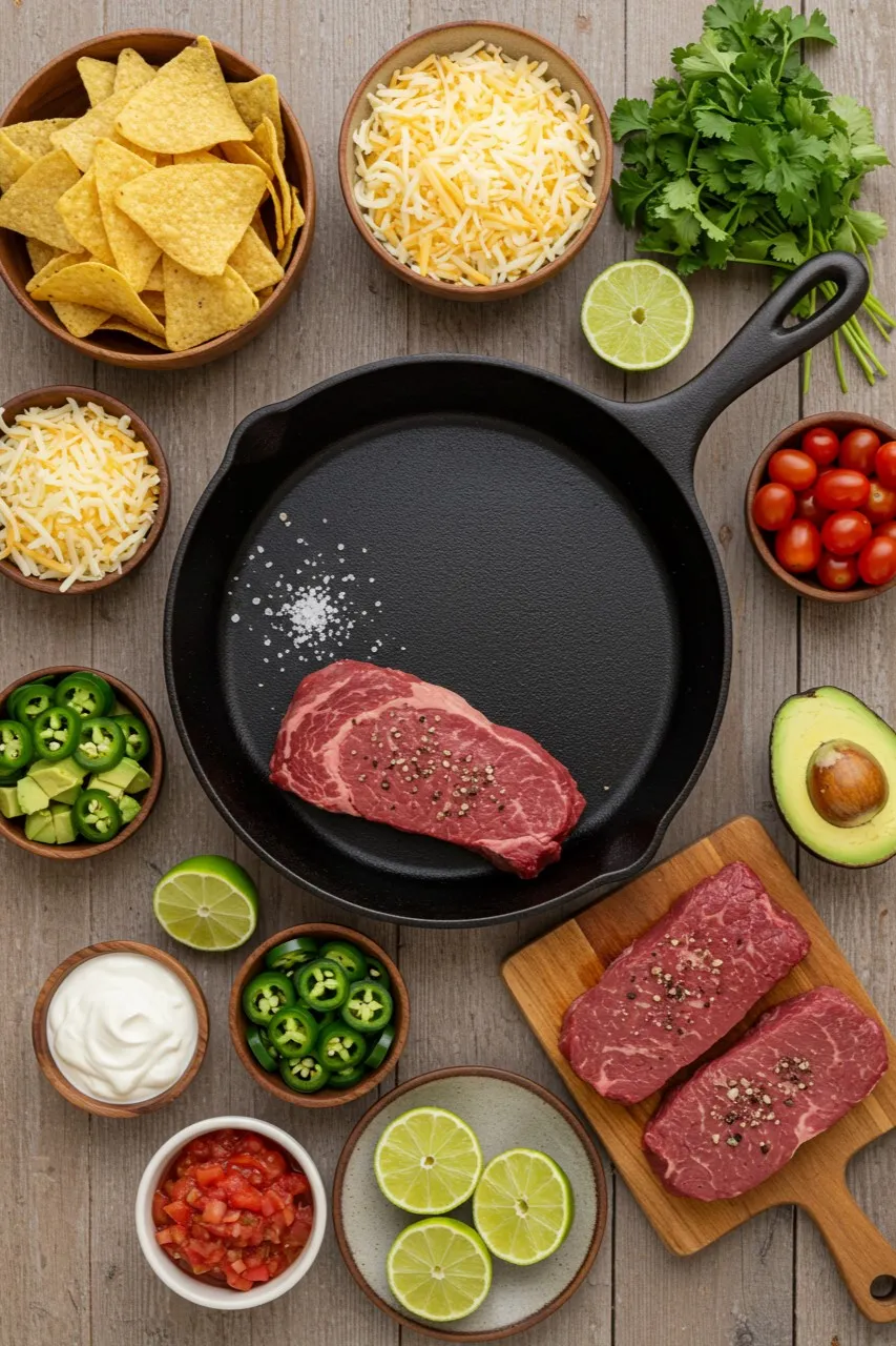 Flat lay of ingredients for a grilled nachos recipe, including raw steak, shredded cheese, tortilla chips, lime, avocado, and jalapeño.