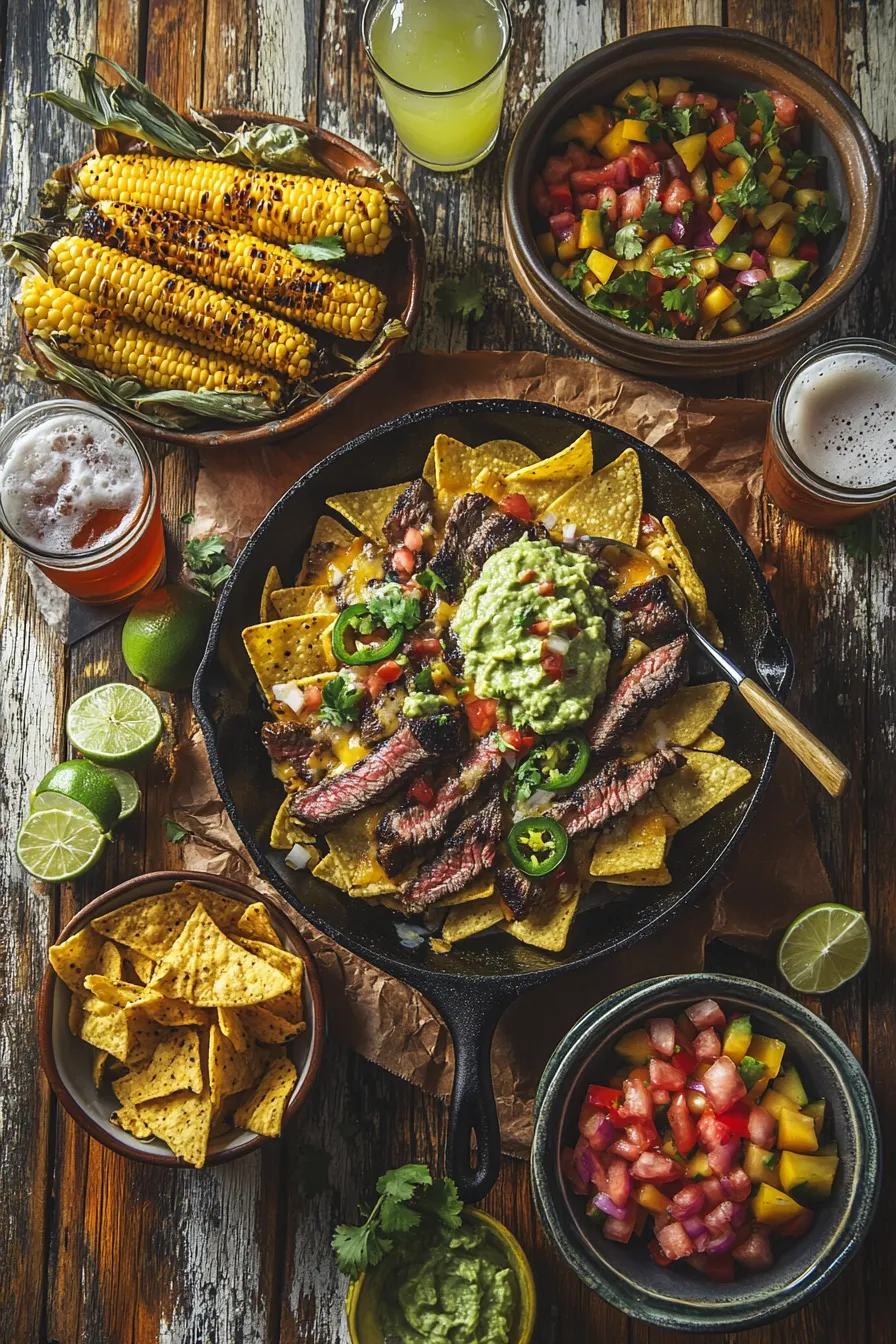 Rustic table scene with grilled nachos recipe in a cast iron skillet, surrounded by grilled corn, guacamole, salsa, and lime wedges.