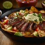 Close-up of a grilled nachos recipe in a cast iron skillet, topped with sliced steak, cheese, avocado, tomatoes, and sour cream.