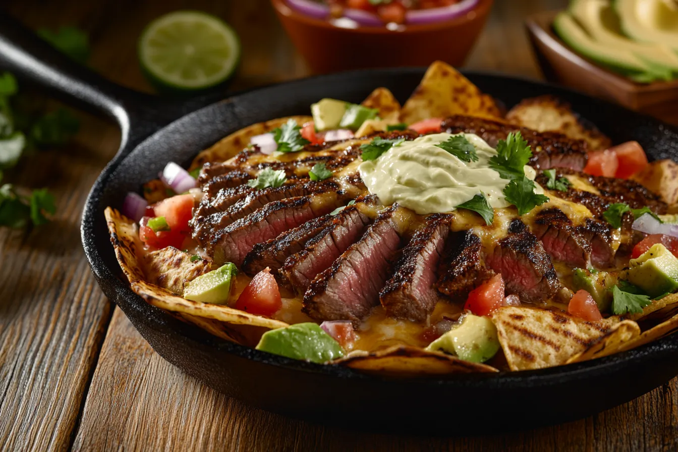 Close-up of a grilled nachos recipe in a cast iron skillet, topped with sliced steak, cheese, avocado, tomatoes, and sour cream.