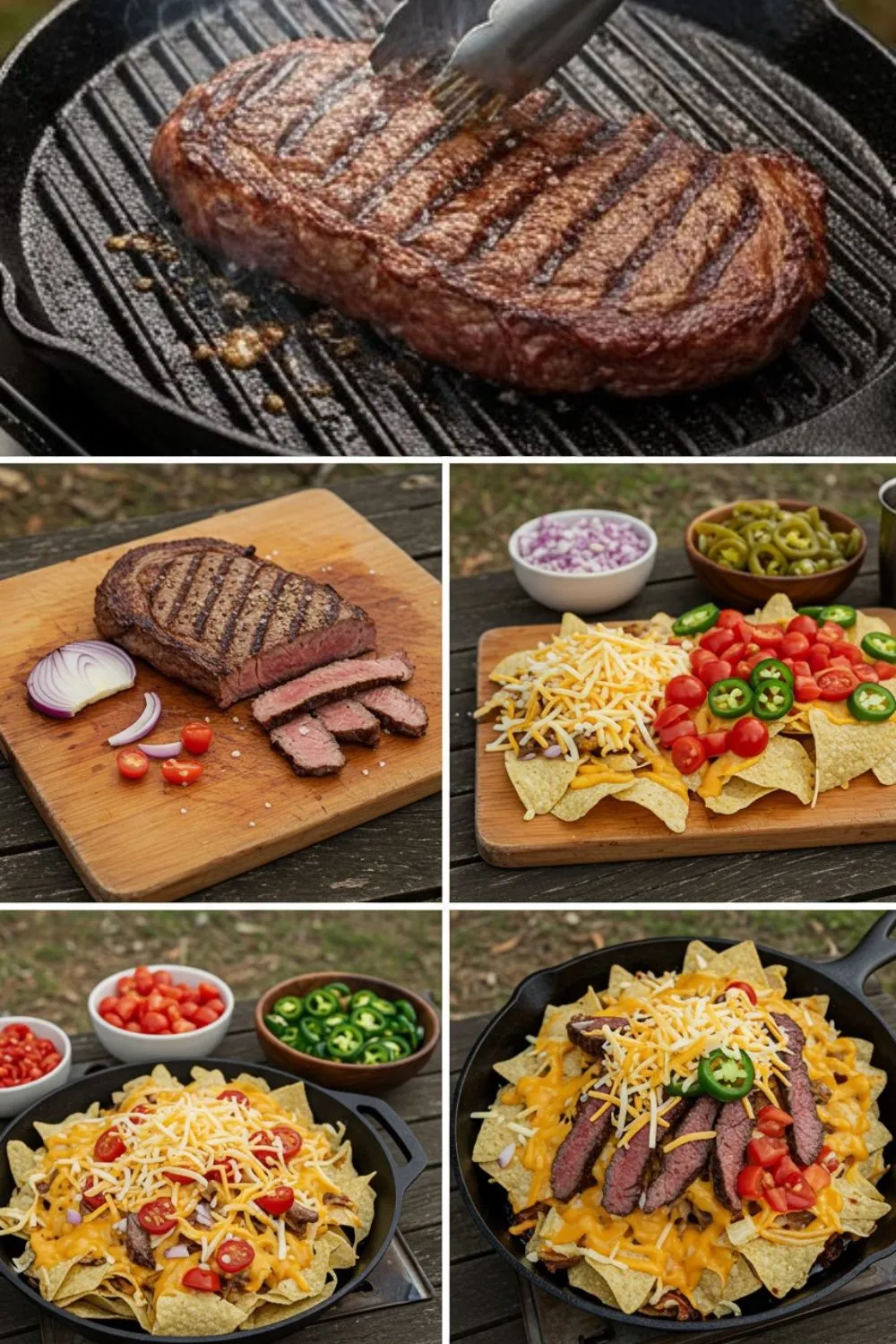 Step-by-step collage showing a grilled nachos recipe with steak: grilling, slicing, layering with cheese, jalapeños, and tomatoes in a cast iron skillet.
