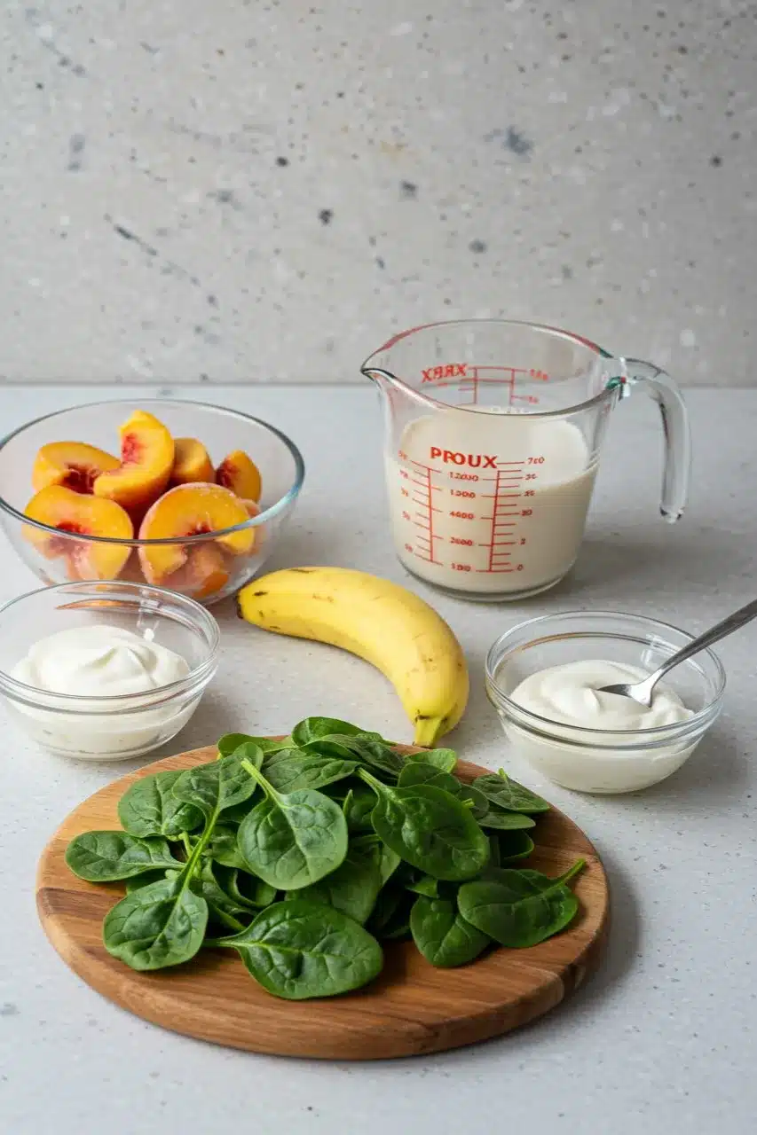 Ingredients for a Hidden-Veg Peach-Spinach smoothie including spinach, banana, yogurt, peaches, and almond milk on a kitchen counter.