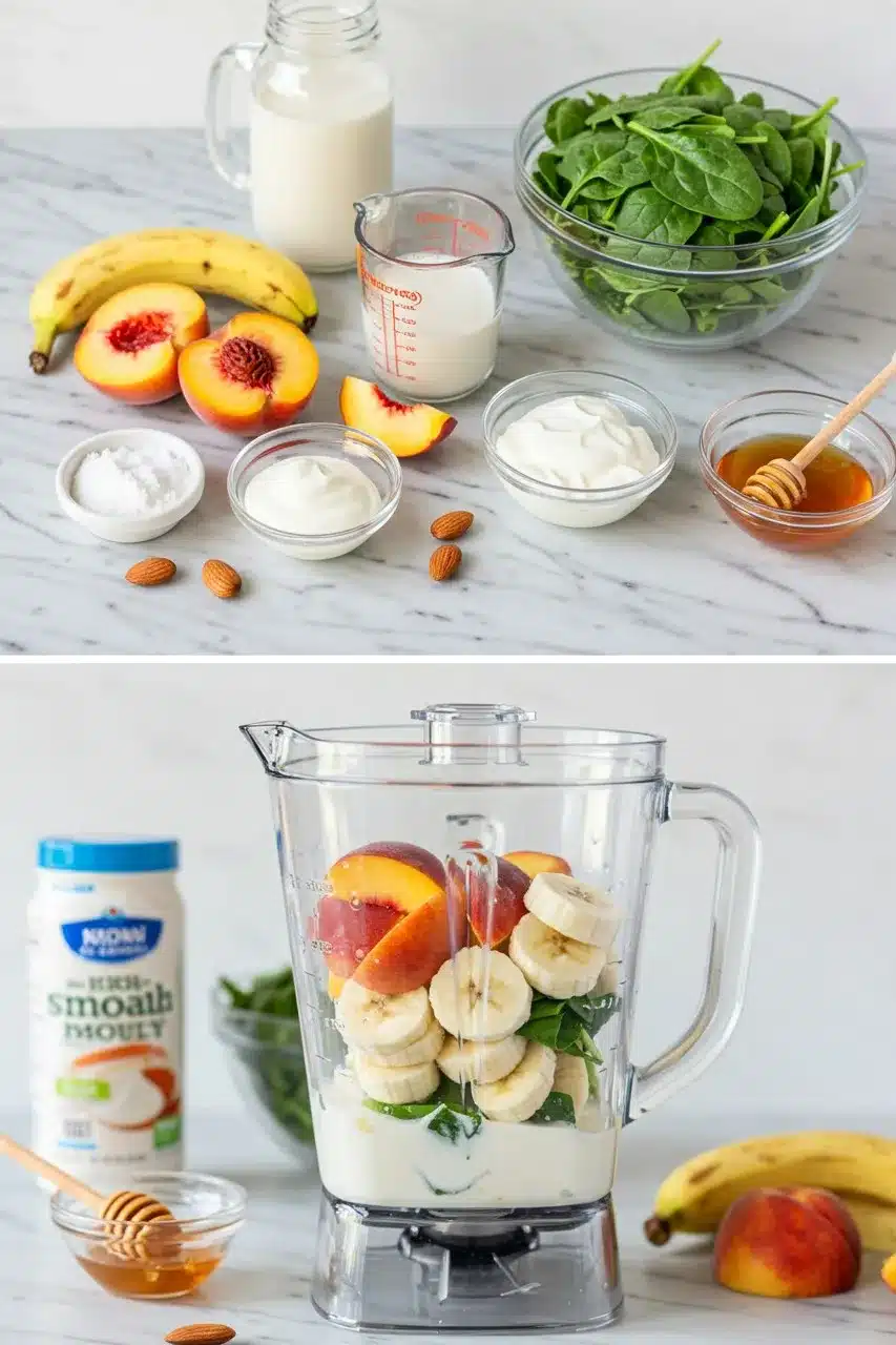 Ingredients and blender setup for a Hidden-Veg Peach-Spinach smoothie with banana, peach, spinach, yogurt, honey, and almond milk.