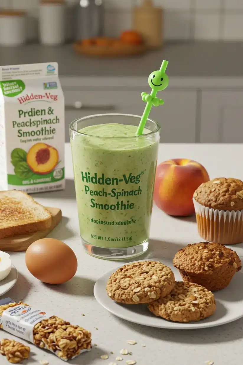 A glass of Hidden-Veg Peach-Spinach smoothie served with toast, muffins, oatmeal cookies, and a boiled egg on a kitchen counter.