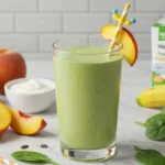 Glass of Hidden-Veg Peach-Spinach smoothie with banana, spinach, and peach slices on a wooden kitchen counter.