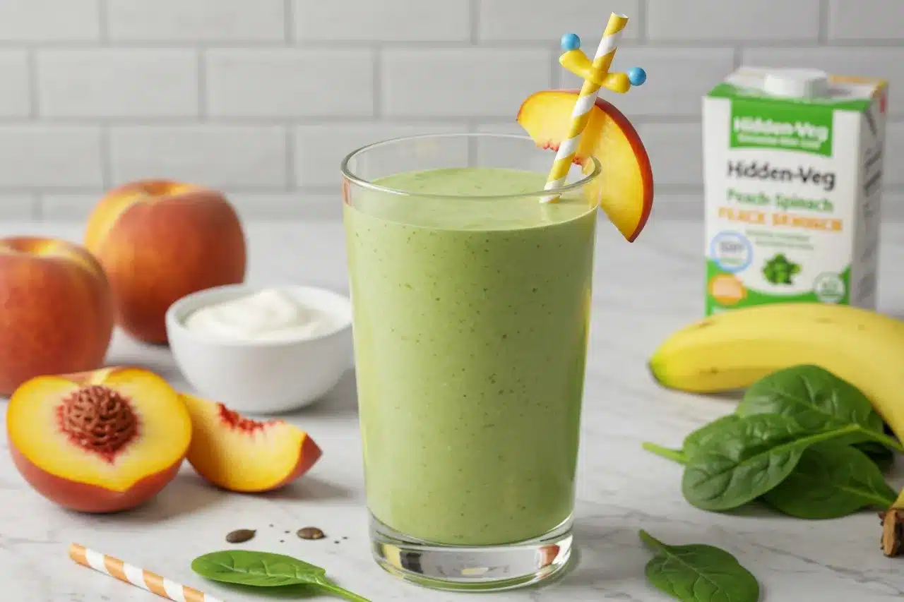 Glass of Hidden-Veg Peach-Spinach smoothie with banana, spinach, and peach slices on a wooden kitchen counter.