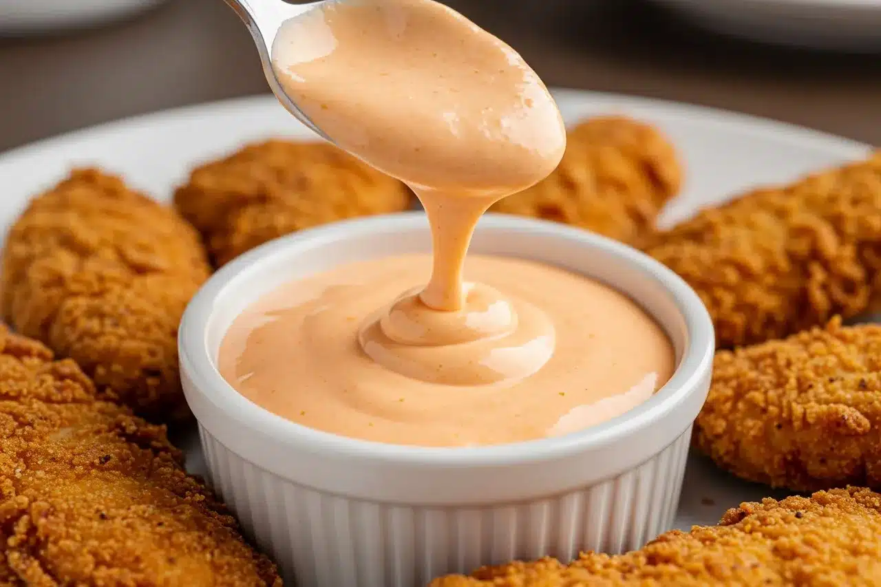 Spoonful of homemade Cane’s sauce over a dipping bowl with chicken tenders
