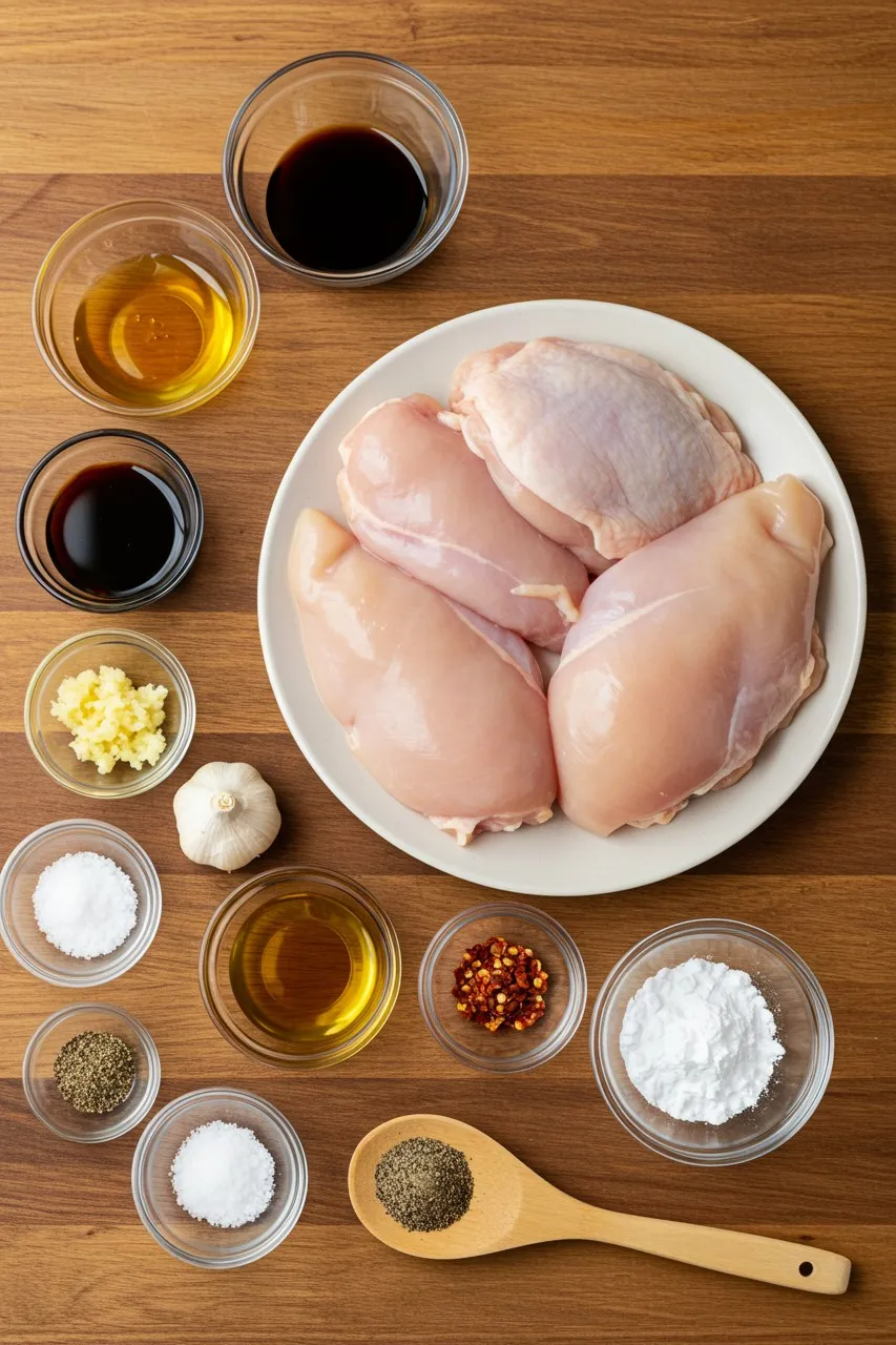 Ingredients for honey garlic chicken recipe on wooden surface