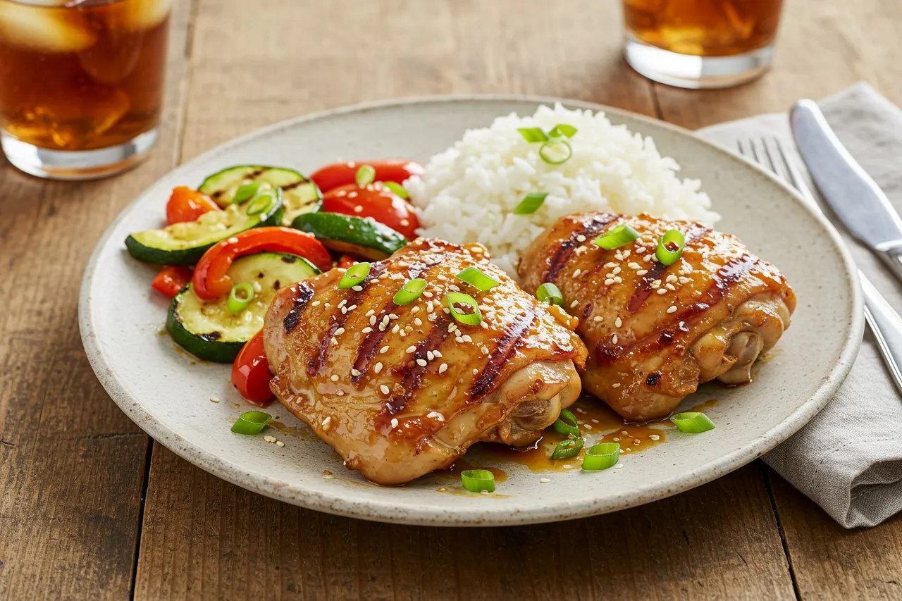 Grilled honey garlic chicken thighs served with rice and sautéed vegetables